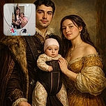 A cozy family selfie captured in a bathroom mirror featuring a man holding a baby in a front carrier and a woman leaning in close, all sharing a warm moment. The baby is bundled up in a colorful outfit and hat, while the sink below shows everyday toiletries like toothpaste and lotion, adding a slice-of-life vibe.