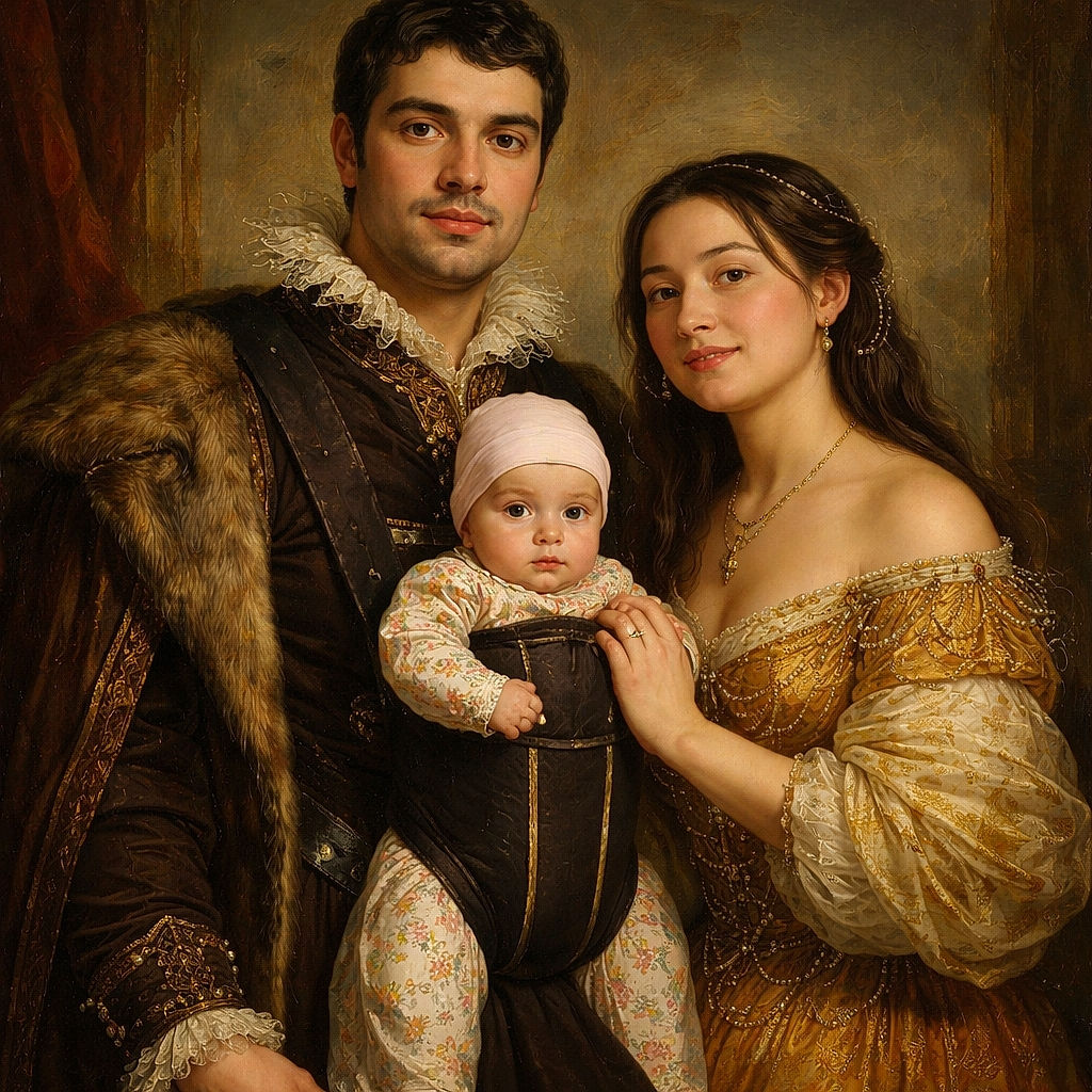 A cozy family selfie captured in a bathroom mirror featuring a man holding a baby in a front carrier and a woman leaning in close, all sharing a warm moment. The baby is bundled up in a colorful outfit and hat, while the sink below shows everyday toiletries like toothpaste and lotion, adding a slice-of-life vibe.