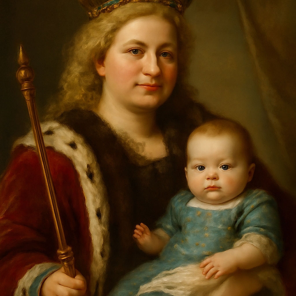 A cozy selfie moment featuring a smiling woman with curly blonde hair wearing a cute teddy bear shirt, holding a wide-eyed baby swaddled in a blanket with an adorable ice cream-themed outfit and a pacifier. The warm lighting and soft background add to the tender and heartwarming vibe.