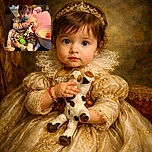 A curious baby with big eyes and a pacifier sits cozily on a couch surrounded by toys and a soft pink basket, looking ready to conquer the world one plush cow at a time.