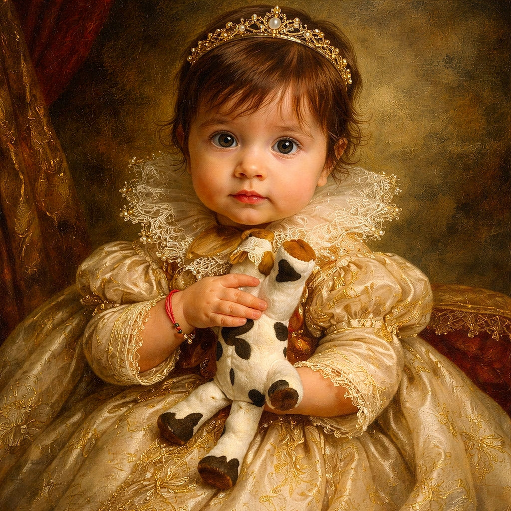 A curious baby with big eyes and a pacifier sits cozily on a couch surrounded by toys and a soft pink basket, looking ready to conquer the world one plush cow at a time.