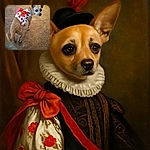 A small dog wearing a cute white dress with red strawberries and a big red bow looks back over its shoulder on a wooden floor, giving an adorable and slightly curious expression.