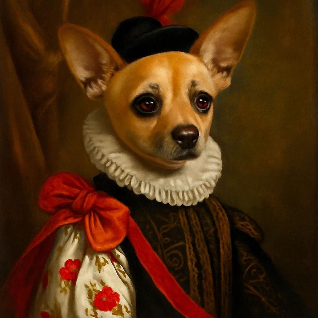 A small dog wearing a cute white dress with red strawberries and a big red bow looks back over its shoulder on a wooden floor, giving an adorable and slightly curious expression.