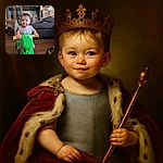 A cute toddler with a messy face rides a bright green toy motorcycle indoors, with a curious dog and cozy living room background adding to the homey vibe.