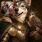 A delightfully goofy dog wearing a coral rose garland and a tangle of colorful streamers, flashing a big toothy grin and showing off two different-colored eyes like a canine superstar. The close-up portrait is warm and playful — part fashion shoot, part party photobomb — with phone UI visible around the frame.