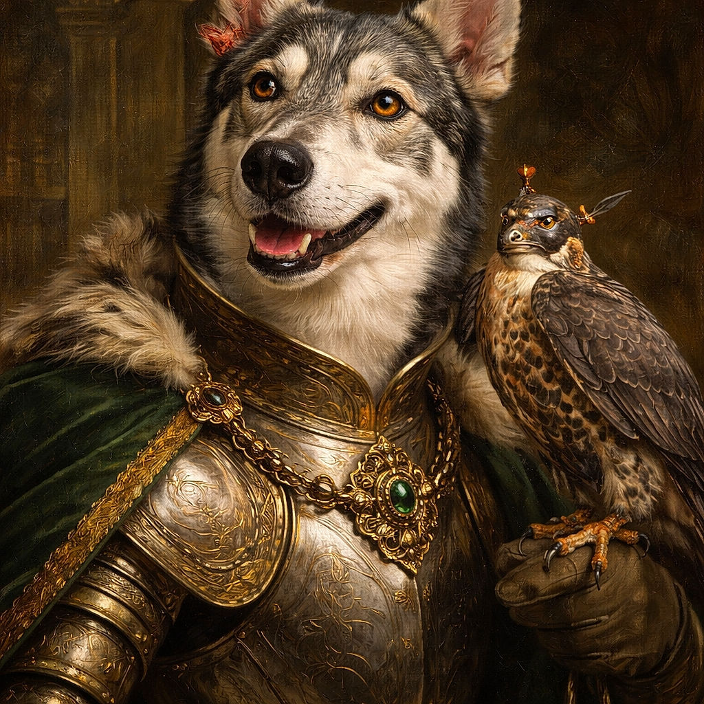 A delightfully goofy dog wearing a coral rose garland and a tangle of colorful streamers, flashing a big toothy grin and showing off two different-colored eyes like a canine superstar. The close-up portrait is warm and playful — part fashion shoot, part party photobomb — with phone UI visible around the frame.