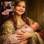 A joyful young girl beams widely as she cradles a peacefully sleeping baby wrapped in a pink blanket, set against a cozy, lived-in room with soft lighting and a playful hand-drawn heart and fingers illustration near the bottom.