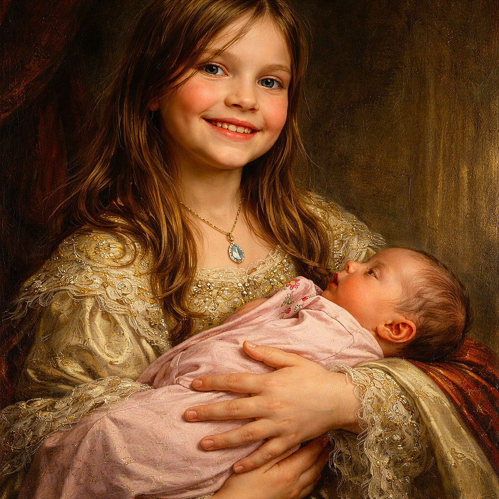 A joyful young girl beams widely as she cradles a peacefully sleeping baby wrapped in a pink blanket, set against a cozy, lived-in room with soft lighting and a playful hand-drawn heart and fingers illustration near the bottom.