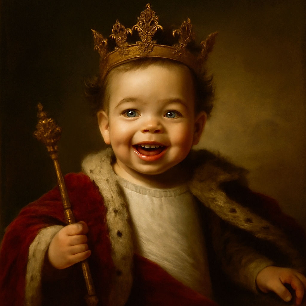 A joyful toddler wearing a Spider-Man shirt reaches eagerly towards the camera, their face filling most of the frame with a big smile and bright eyes, while a cluttered room with books and household items forms the background.
