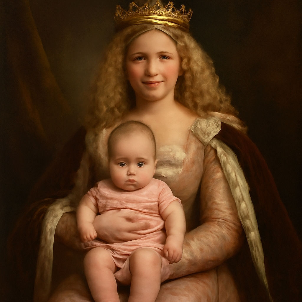 A smiling woman with curly blonde hair is holding a serious-looking baby dressed in pink, standing against a plain beige wall with wooden flooring and a visible power outlet.