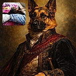 A cozy scene with a German Shepherd dog lying on a bed covered with colorful blankets, including a pink Minnie Mouse-themed blanket. The dog looks relaxed, resting its head on a blue floral pillow, while a child is partially hidden under the blankets, adding a warm and homey vibe.