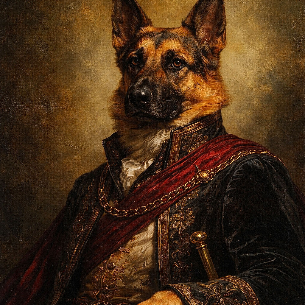 A cozy scene with a German Shepherd dog lying on a bed covered with colorful blankets, including a pink Minnie Mouse-themed blanket. The dog looks relaxed, resting its head on a blue floral pillow, while a child is partially hidden under the blankets, adding a warm and homey vibe.