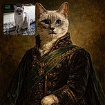 A curious Siamese cat sits attentively on a patterned rug in a cozy room filled with shelves of games and collectibles, casting a shadow as it gazes directly at the camera.