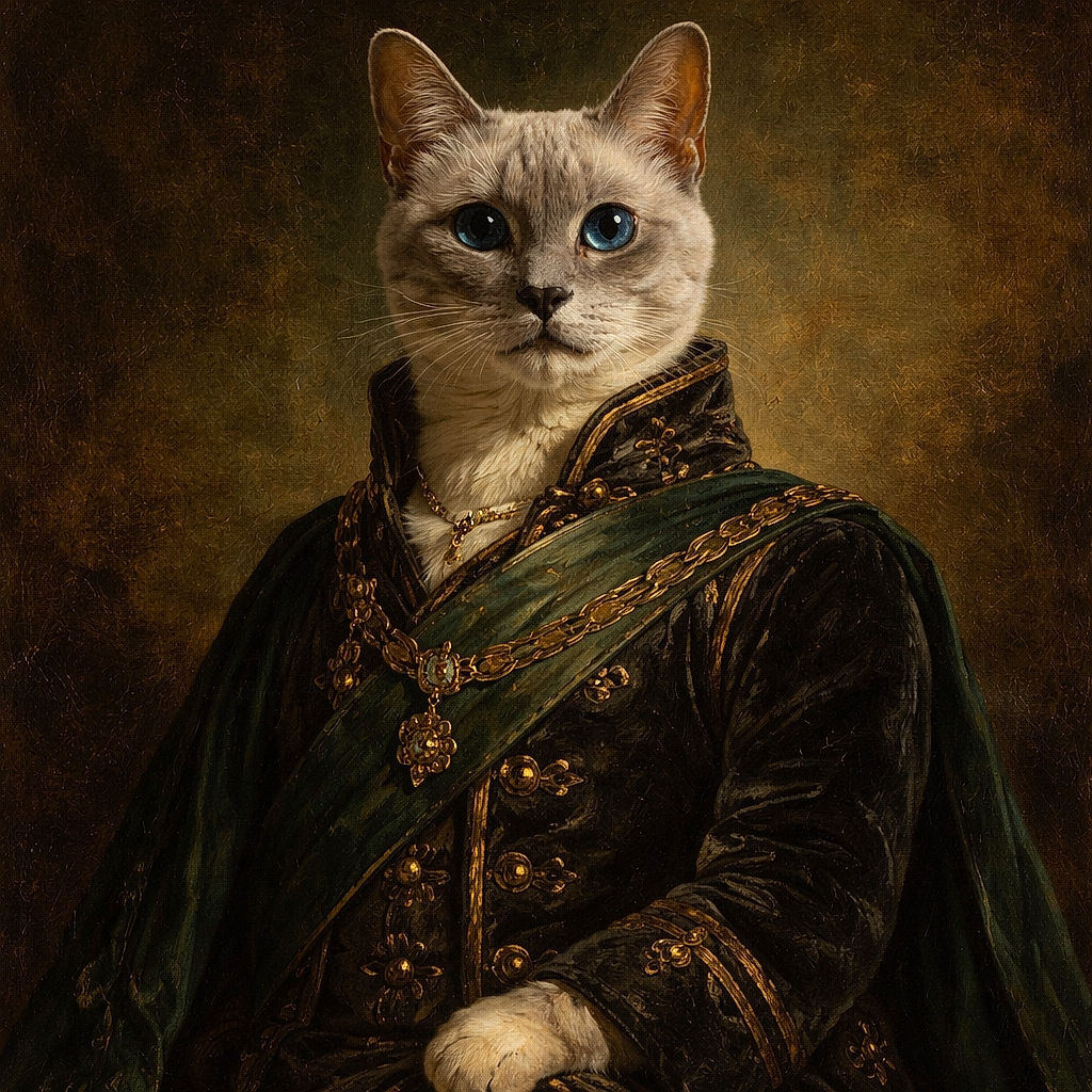 A curious Siamese cat sits attentively on a patterned rug in a cozy room filled with shelves of games and collectibles, casting a shadow as it gazes directly at the camera.