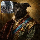 A focused black dog with a light-colored collar is lying on a snowy, leaf-covered ground, looking alert and curious, with a pink leash and a chew toy nearby, set in a natural outdoor environment.