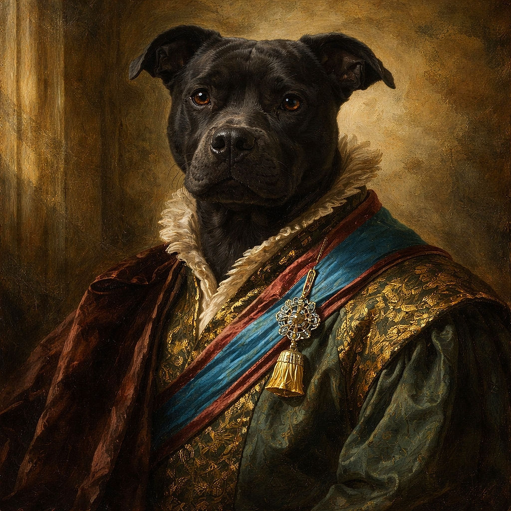 A focused black dog with a light-colored collar is lying on a snowy, leaf-covered ground, looking alert and curious, with a pink leash and a chew toy nearby, set in a natural outdoor environment.