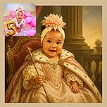 A delighted baby sits in a pink balloon wonderland, wearing a giant flower headband and flashing a grin brighter than the shiny gold number five posing in the foreground. It is a birthday portrait with maximum giggles and minimum subtlety.