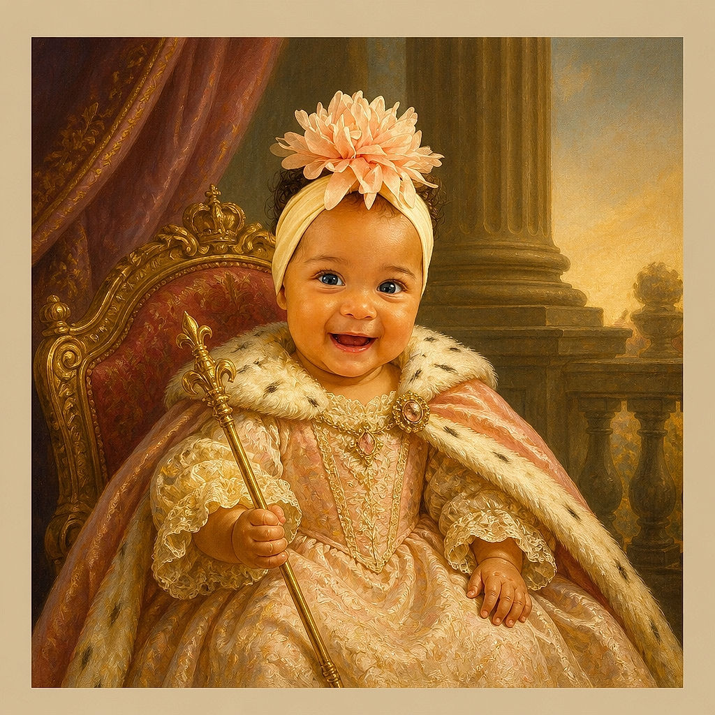 A delighted baby sits in a pink balloon wonderland, wearing a giant flower headband and flashing a grin brighter than the shiny gold number five posing in the foreground. It is a birthday portrait with maximum giggles and minimum subtlety.