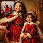 Two adorable kids dressed in festive Santa outfits stand side by side, one grinning with eyes closed and the other smiling shyly. The cozy indoor setting includes a bookshelf filled with colorful books and a red basket nearby, creating a warm holiday vibe.