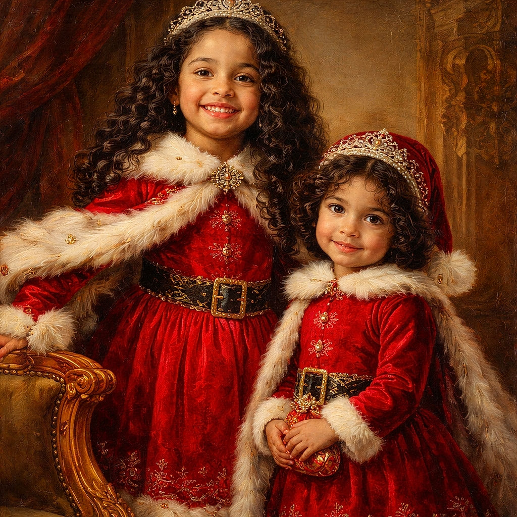 Two adorable kids dressed in festive Santa outfits stand side by side, one grinning with eyes closed and the other smiling shyly. The cozy indoor setting includes a bookshelf filled with colorful books and a red basket nearby, creating a warm holiday vibe.
