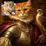 A majestic fluffy orange cat lounges on a textured purple surface, staring serenely with its bright green eyes, radiating the ultimate feline chill vibes.