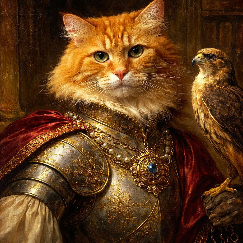 A majestic fluffy orange cat lounges on a textured purple surface, staring serenely with its bright green eyes, radiating the ultimate feline chill vibes.