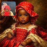 A cute baby wearing a bright red dress and matching floppy hat sits in a white baby chair with teddy bear prints, surrounded by cozy blankets and cushions. The baby's wide eyes and serious expression make it look like they are ready to take on the world, while the soft textures and warm colors add a comforting vibe.