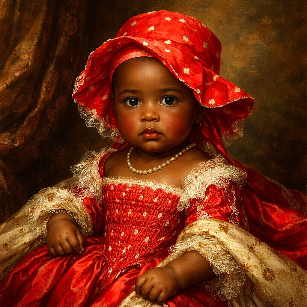 A cute baby wearing a bright red dress and matching floppy hat sits in a white baby chair with teddy bear prints, surrounded by cozy blankets and cushions. The baby's wide eyes and serious expression make it look like they are ready to take on the world, while the soft textures and warm colors add a comforting vibe.