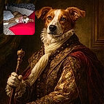 A cozy brown and white dog wearing a pink bandana lounges on a shaggy carpet, resting its head on a bright red pillow with a patterned blanket and bed in the background, giving off ultimate chill vibes.