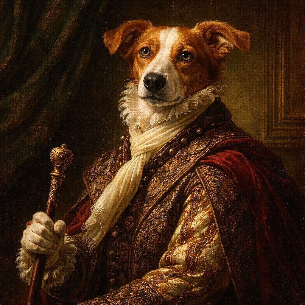 A cozy brown and white dog wearing a pink bandana lounges on a shaggy carpet, resting its head on a bright red pillow with a patterned blanket and bed in the background, giving off ultimate chill vibes.