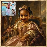 A tiny fashion icon in a sparkly princess dress confidently enjoys a snack while a lanky teenager behind her appears to be auditioning for the role of her very serious bodyguard. The bright outdoor scene features blue pavement, clouds, utility wires, greenery, and plenty of joyful attitude.