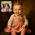 A cheerful baby dressed in a pink dress and yellow boots sits happily on a cozy patchwork quilt decorated with animal prints, flanked by pillows featuring fluffy highland cows. The baby beams with a wide smile, making the scene heartwarmingly adorable and full of rustic charm.