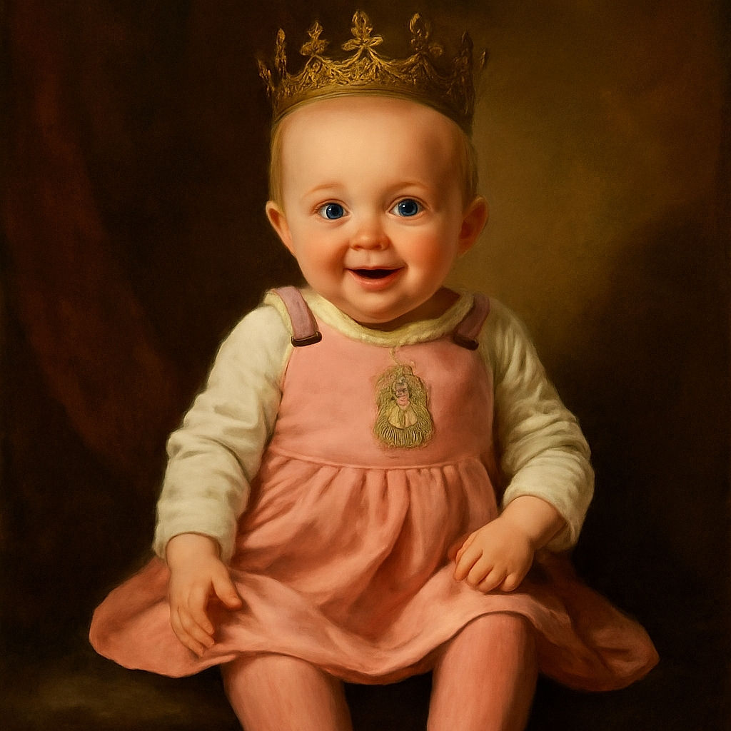 A cheerful baby dressed in a pink dress and yellow boots sits happily on a cozy patchwork quilt decorated with animal prints, flanked by pillows featuring fluffy highland cows. The baby beams with a wide smile, making the scene heartwarmingly adorable and full of rustic charm.