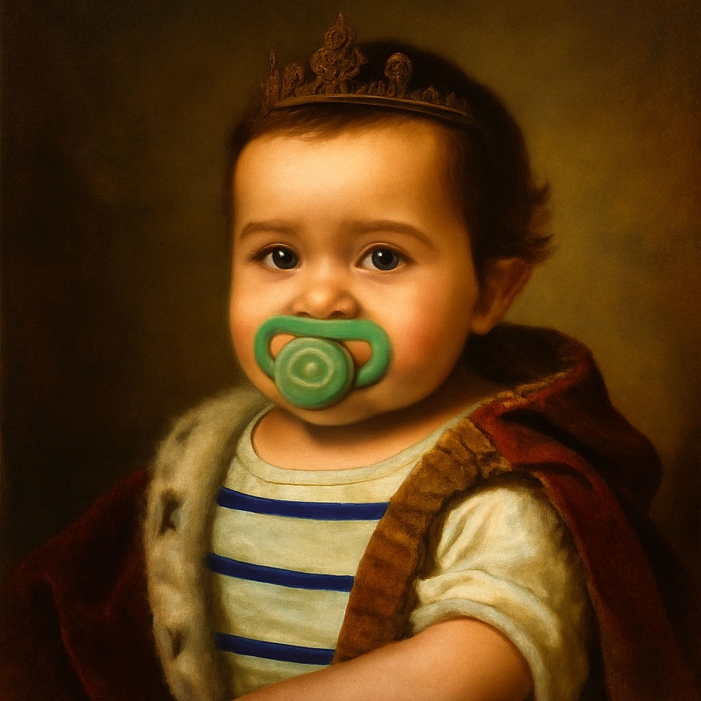 A close-up of an adorable baby with big curious eyes and a green pacifier, wearing a striped shirt, capturing the innocence and wonder of early childhood.