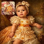 A cute baby dressed in a festive Halloween-themed outfit lies comfortably on a colorful blanket with stars and cartoon animals. The baby wears a headband with a bow and a bib that says 'Halloween,' looking curiously at something off-camera. Nearby, a wooden sign reads 'seven months,' marking a milestone.