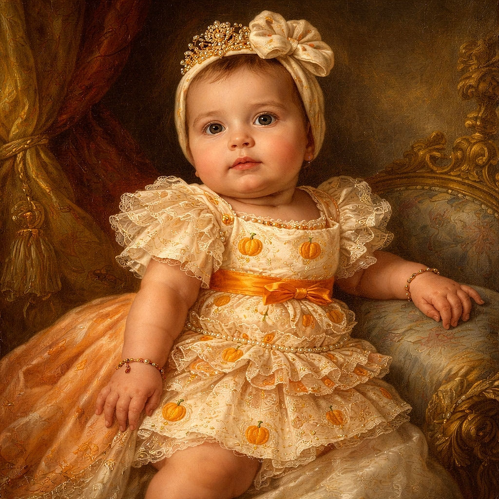 A cute baby dressed in a festive Halloween-themed outfit lies comfortably on a colorful blanket with stars and cartoon animals. The baby wears a headband with a bow and a bib that says 'Halloween,' looking curiously at something off-camera. Nearby, a wooden sign reads 'seven months,' marking a milestone.