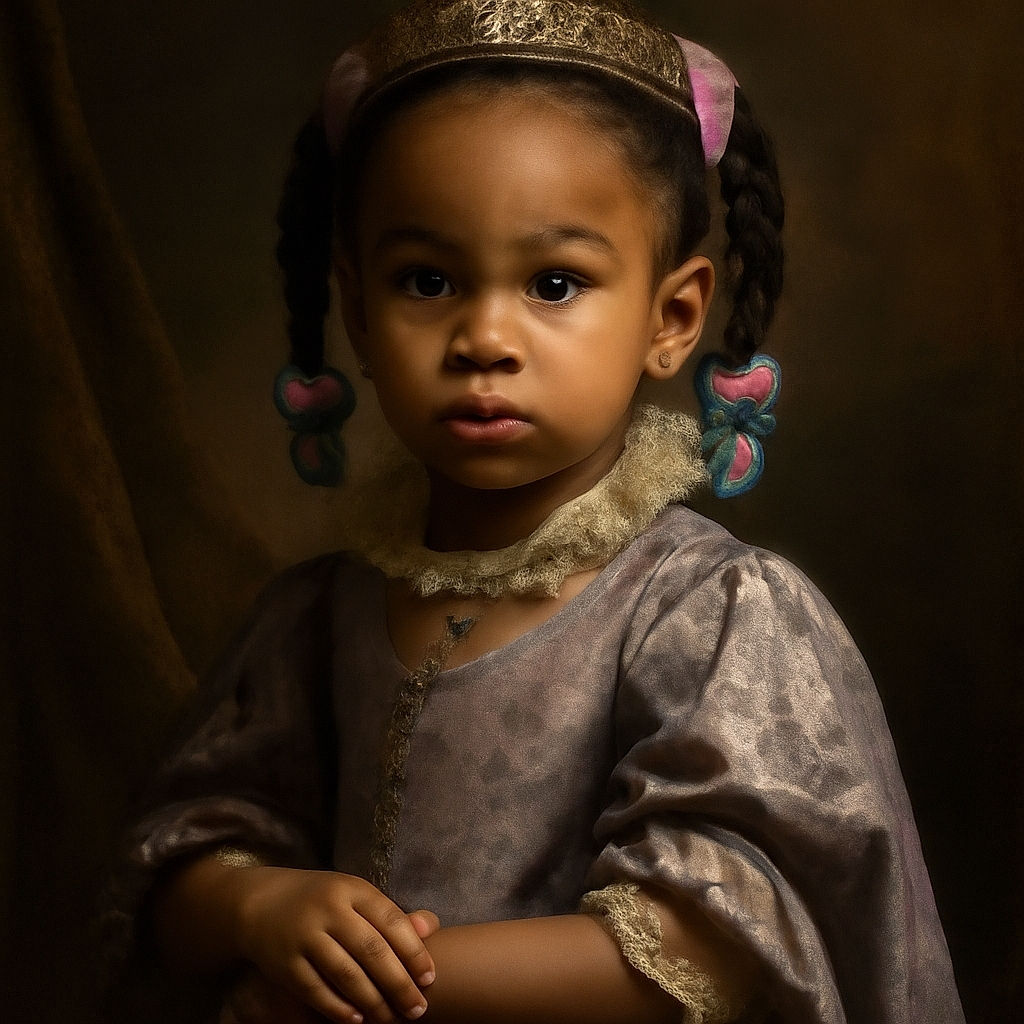 A curious toddler with braided hair adorned with colorful beads and a purple bow, wearing a light purple dress with white daisies, sits attentively on a beige tufted couch while holding shiny pink beads.