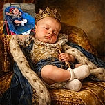 A peacefully sleeping baby lounges comfortably in a colorful blue baby rocker with playful cartoon prints, surrounded by a textured asphalt ground and some stroller wheels in the background.