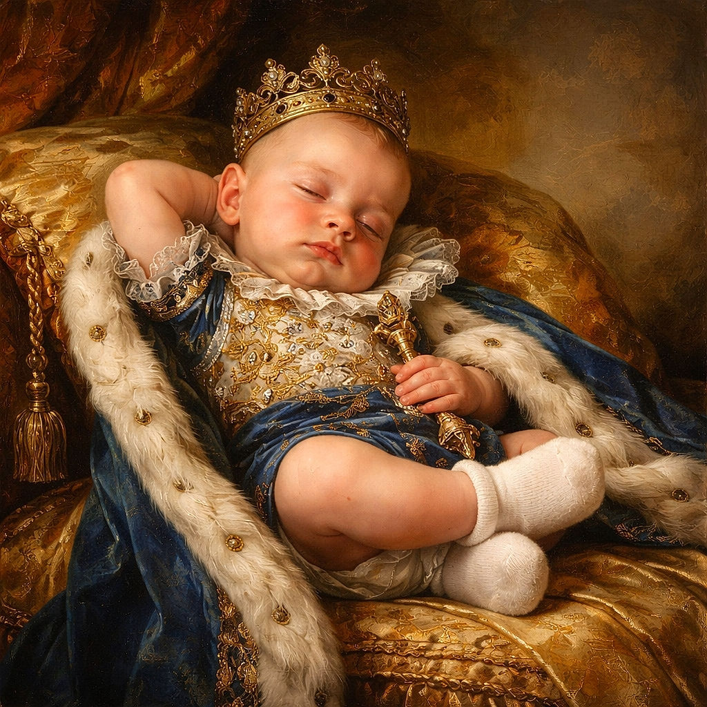 A peacefully sleeping baby lounges comfortably in a colorful blue baby rocker with playful cartoon prints, surrounded by a textured asphalt ground and some stroller wheels in the background.