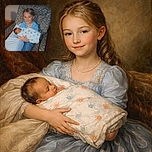 A cheerful young child in a blue shirt sits comfortably in a patterned armchair, proudly cradling a peacefully sleeping newborn wrapped in a colorful handprint blanket. The warm lighting and cozy setting add a tender, heartwarming vibe to the moment.