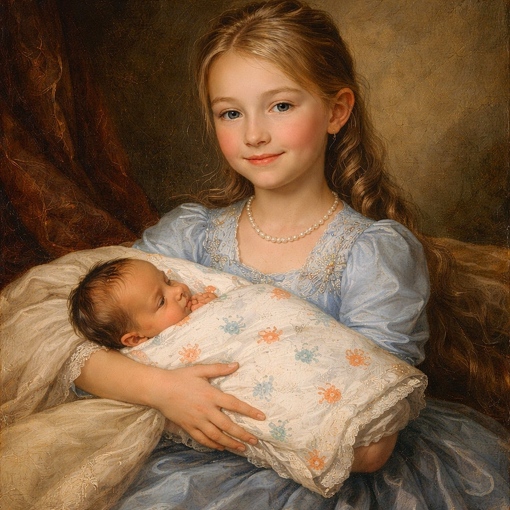 A cheerful young child in a blue shirt sits comfortably in a patterned armchair, proudly cradling a peacefully sleeping newborn wrapped in a colorful handprint blanket. The warm lighting and cozy setting add a tender, heartwarming vibe to the moment.