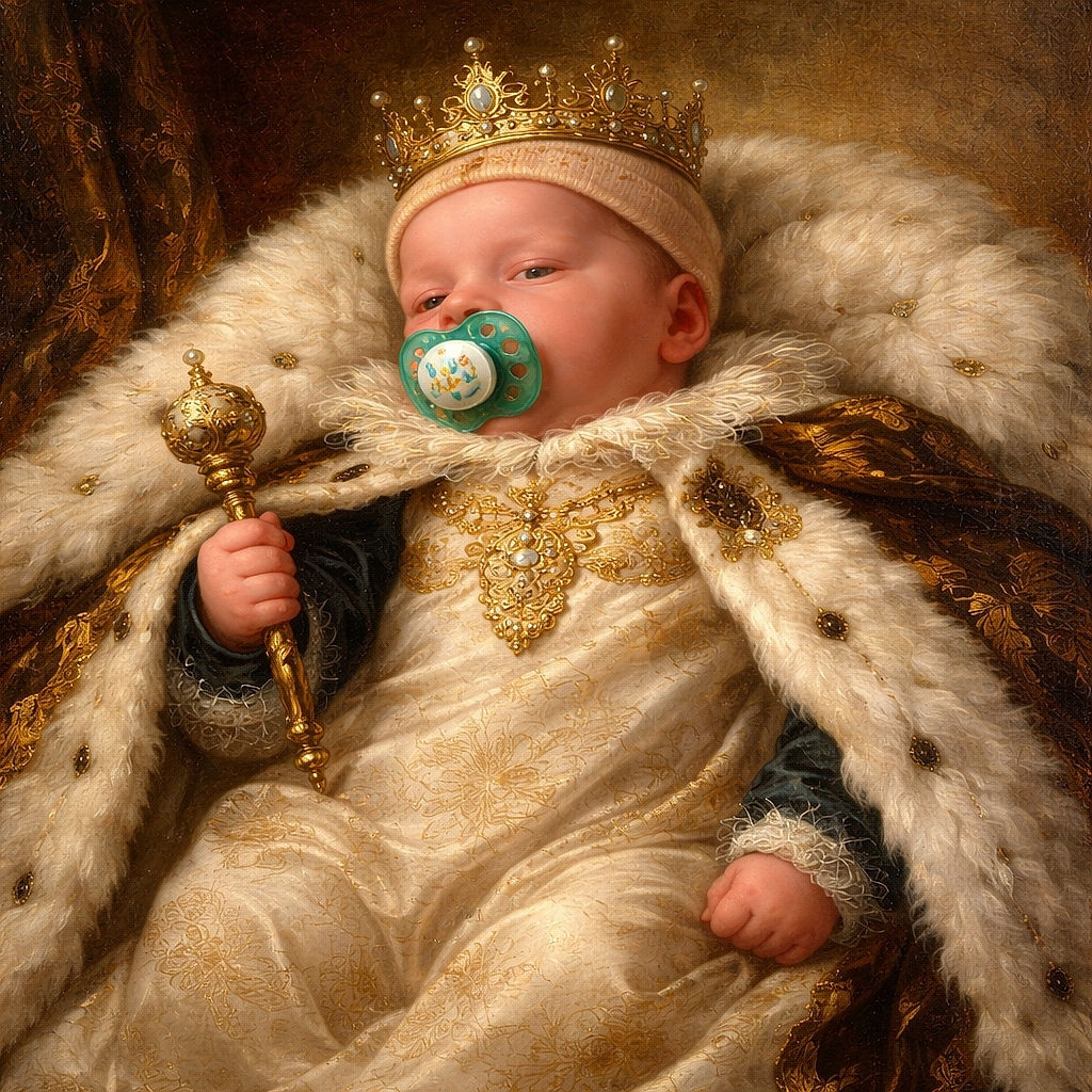 A tiny burrito of a newborn snoozes in a cloud-like cream blanket, pacifier firmly in place and hat pulled down—wearing a fox-themed onesie and black mittens like a sleepy woodland creature on maternity leave.