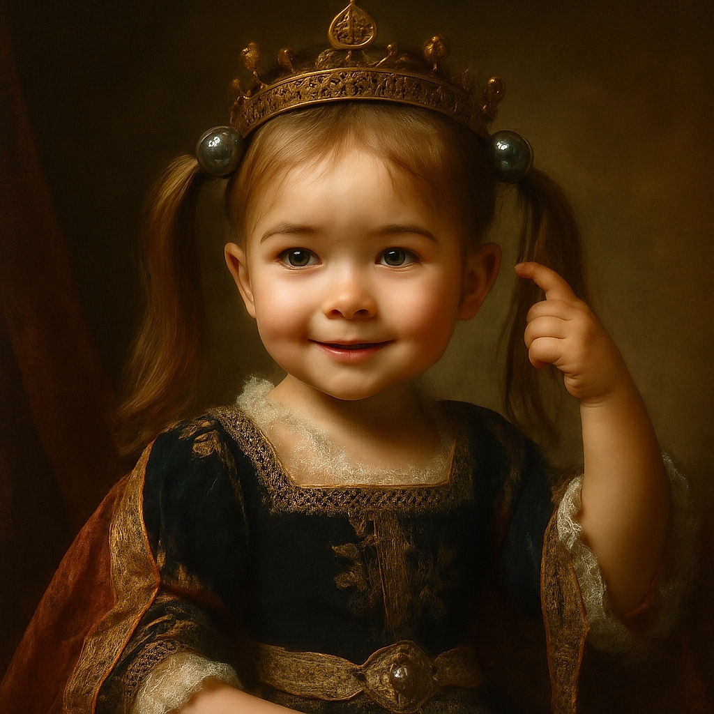 A cheerful toddler with bright eyes and playful pigtails adorned with smiley face hair ties beams at the camera while wearing a navy blue shirt with a colorful Eiffel Tower design, creating a warm and lively indoor portrait.