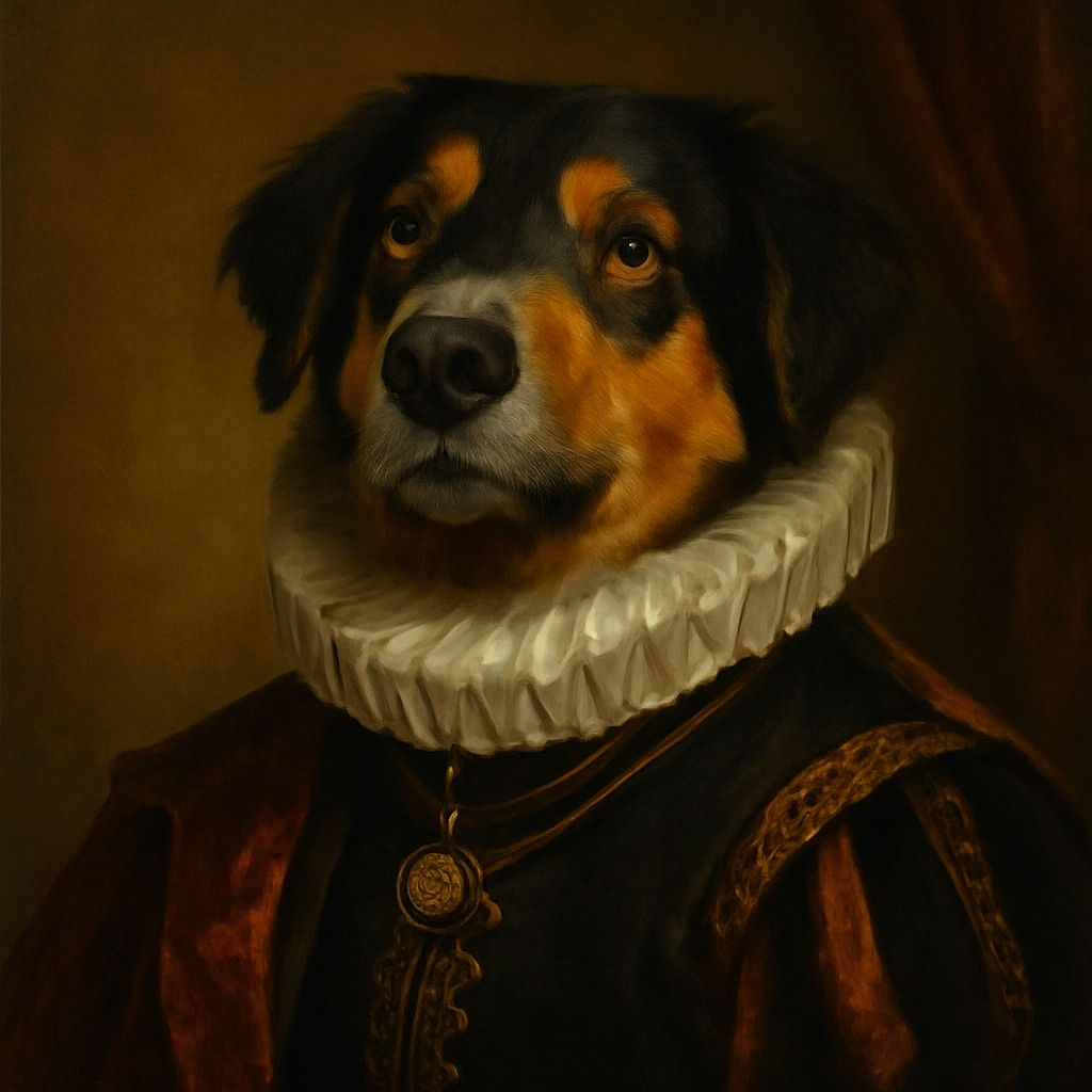 A happy dog with a big tongue hanging out sits indoors against a bright blue wall, looking excited and goofy with sparkling eyes and a shiny black nose, ready for a belly rub or a game of fetch.