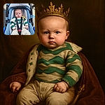 A serious-faced baby is comfortably strapped in a blue car seat, wearing a green and white striped sweater, beige pants, and blue shoes, ready for a stylish ride on a sunny day.