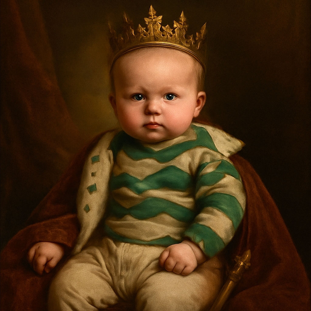 A serious-faced baby is comfortably strapped in a blue car seat, wearing a green and white striped sweater, beige pants, and blue shoes, ready for a stylish ride on a sunny day.
