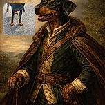 A black and tan dog standing on a textured pavement looking to the side, wearing a collar, with a shadow stretching behind it. The photo is simple and straightforward but lacks sharpness and artistic composition.
