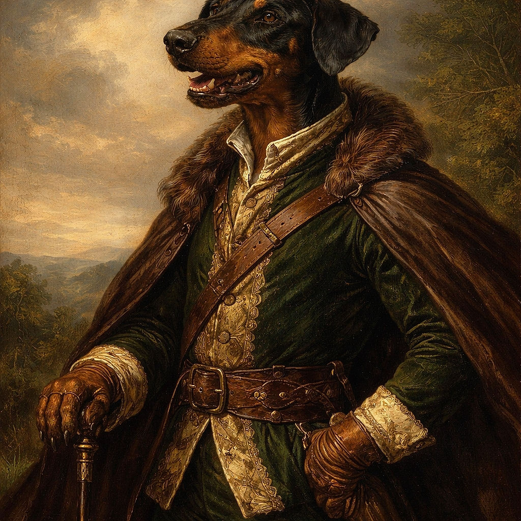 A black and tan dog standing on a textured pavement looking to the side, wearing a collar, with a shadow stretching behind it. The photo is simple and straightforward but lacks sharpness and artistic composition.