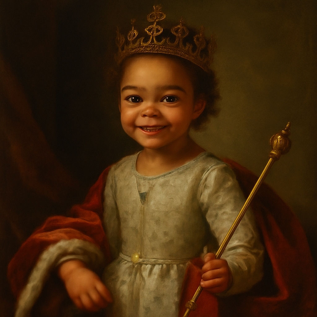 A joyful child in playful pajamas is sitting on a cozy brown couch with a red and black checkered blanket, holding a colorful toy box and a sandal with a butterfly decoration, surrounded by a cheerful and warm indoor setting.