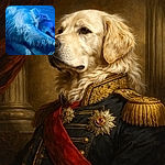 A fluffy white dog dramatically sprawled on a tiled floor, bathed in moody blue light like it’s practicing for a naptime fashion shoot — one paw flung over its face, nose peeking out, fur waving in slow-motion snores.